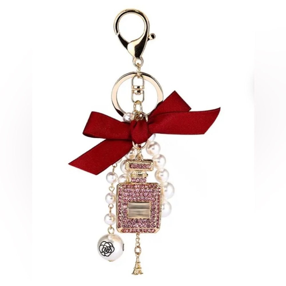 New Classic Perfume Bottle Eiffel Tower Pearl Glam Rhinestone‎ Keychain